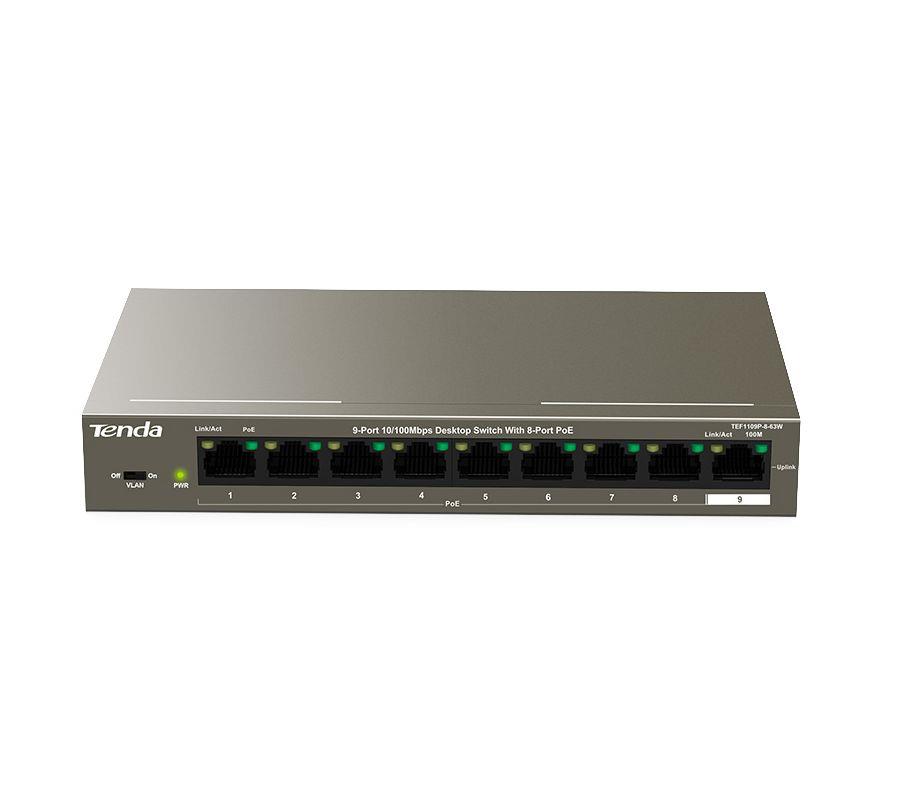 Switch niezarządzalny Tenda TEF1109P 8-port Ethernet Switch 10/100 Mb/s PoE 63W 6932849431247  - Incom Group
